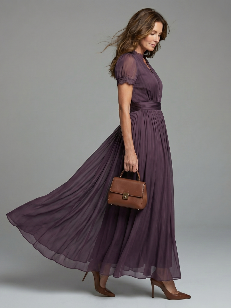 Side view showing gathered skirt and banded cuffs