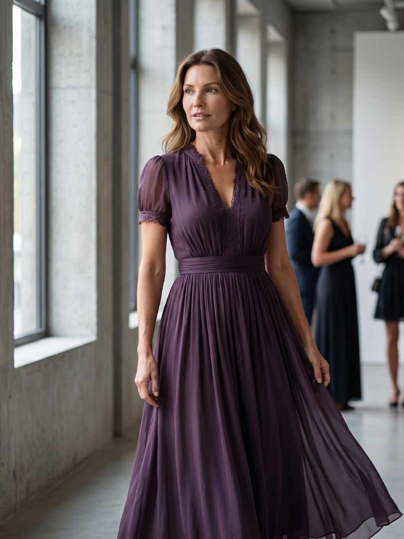 Front view showing v-neckline with keyhole opening, stand collar and short puff sleeves