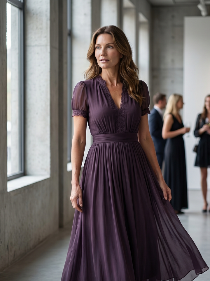 Front view showing v-neckline with keyhole opening, stand collar and short puff sleeves