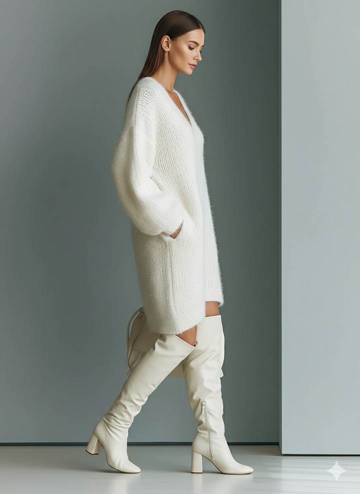Side view of long sleeves and above-knee hem