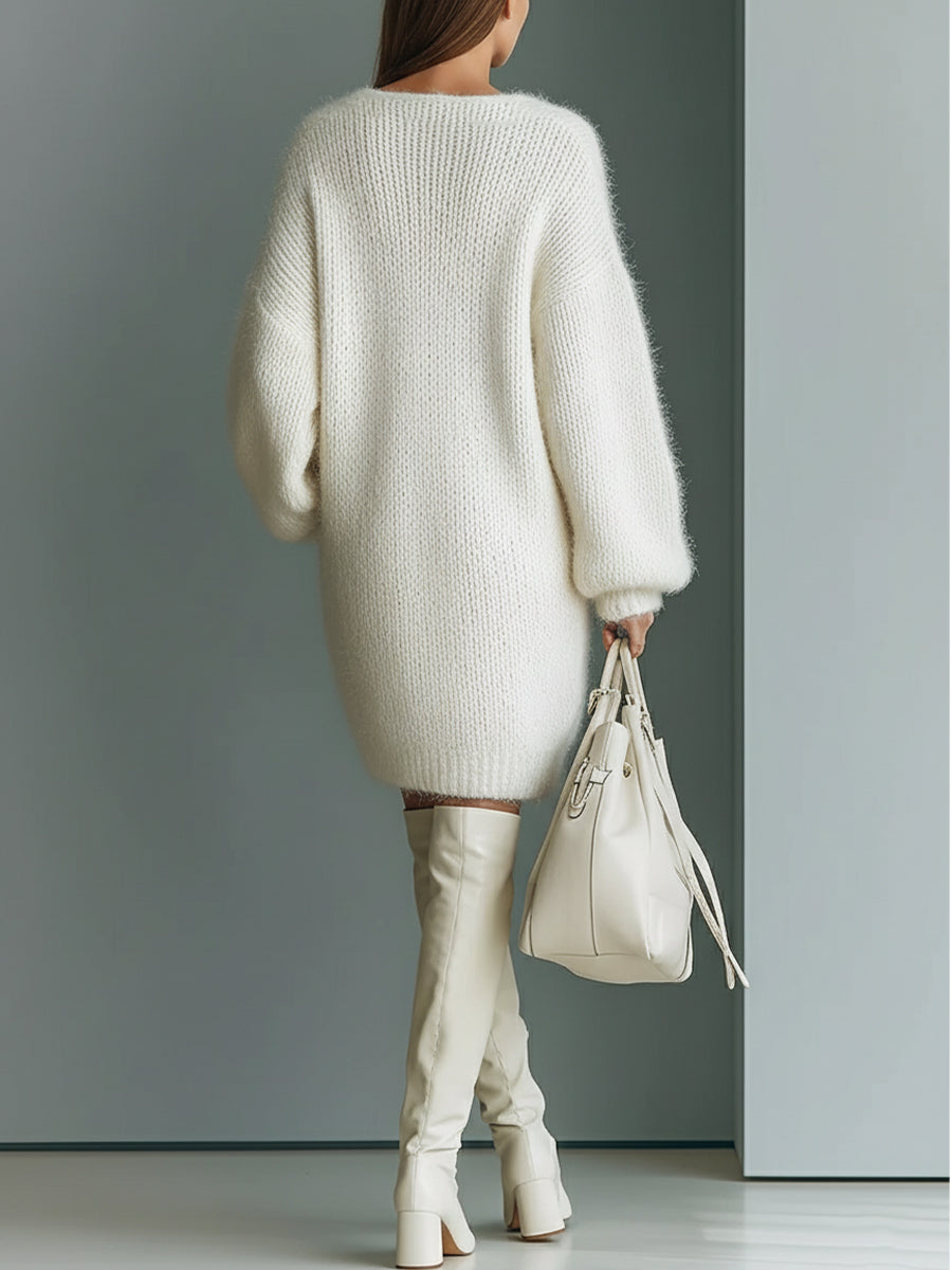Back view of long sleeves and above-knee hem