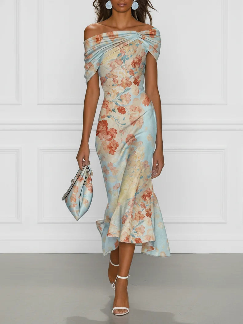 Front view of off-shoulder dress with twisted bodice and ruffle hem, blue