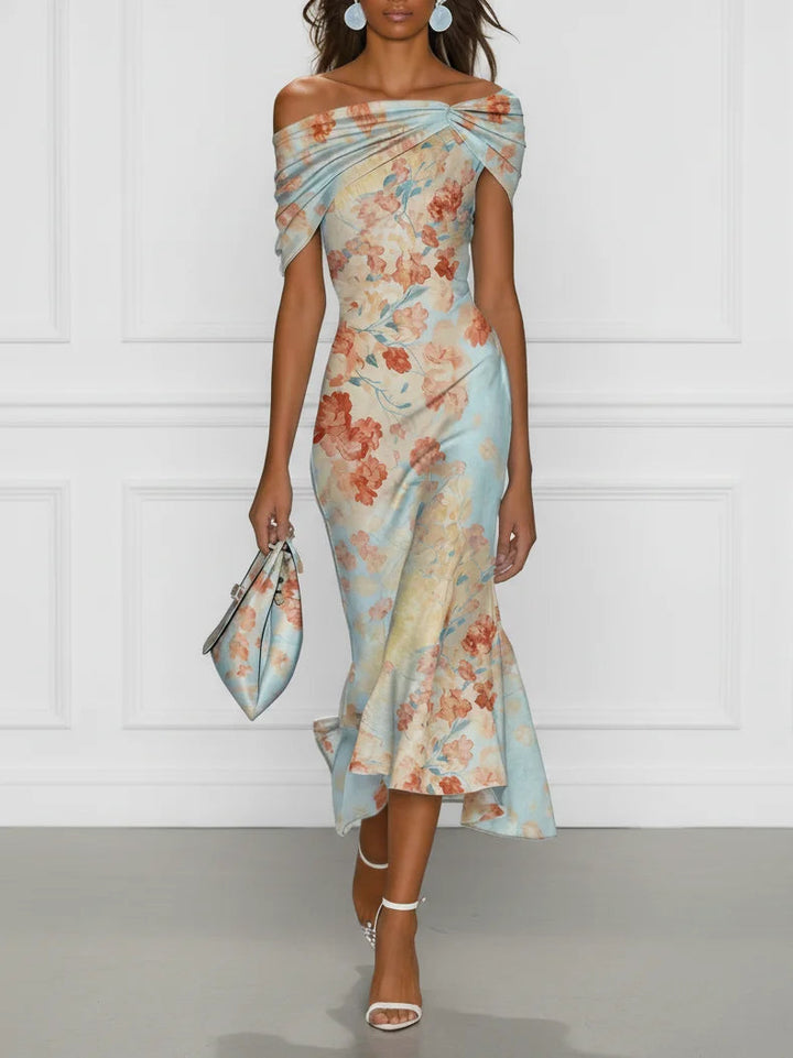 Front view of off-shoulder dress with twisted bodice and ruffle hem, blue