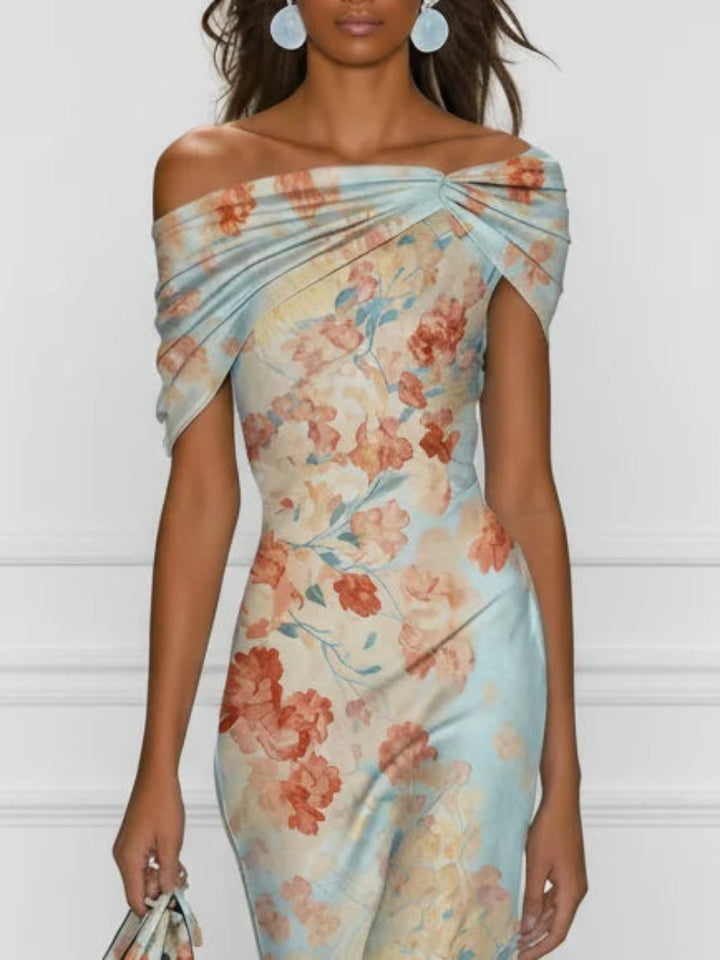 Detail view of off-shoulder neckline and twisted bodice