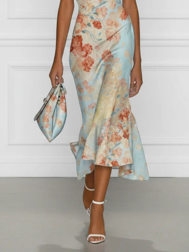 Front view of skirt and asymmetric ruffle hem