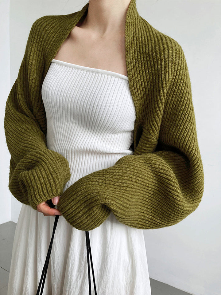 Front view showing open-front neckline and long sleeves, olive