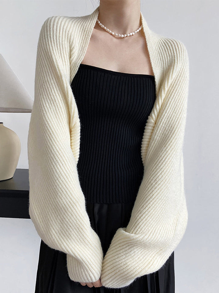 Front view showing open-front neckline and long sleeves, off-white