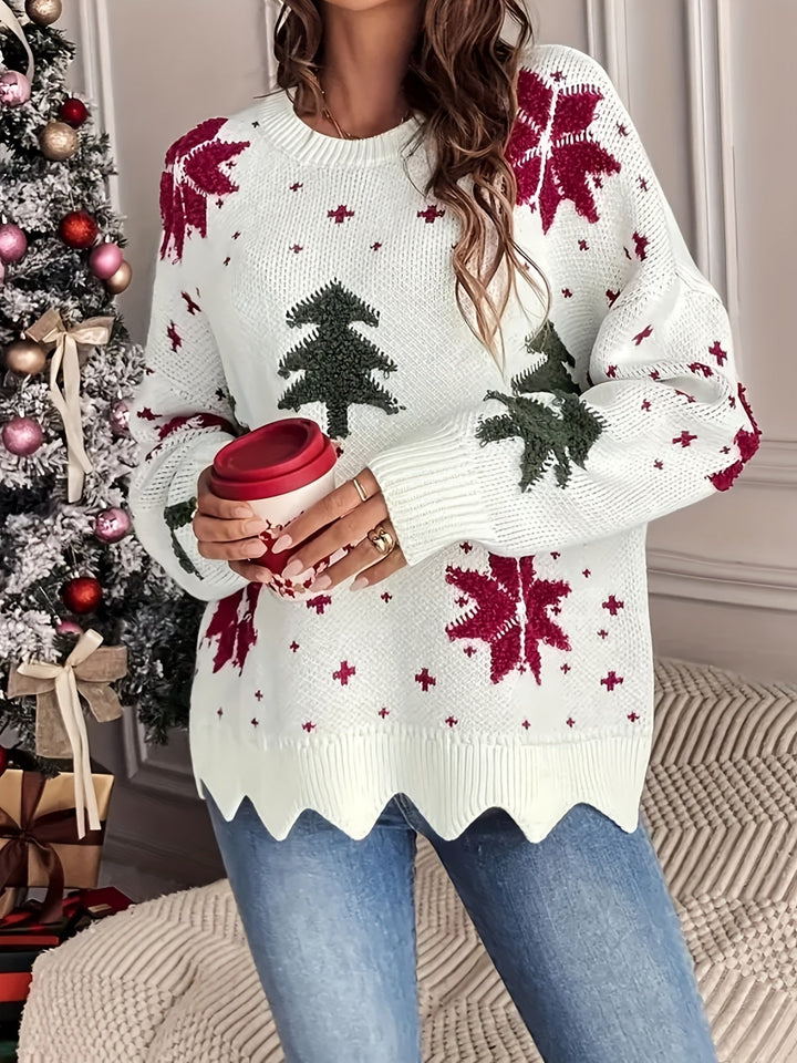 Front view of round neckline, long sleeves and scalloped hem with christmas print, white