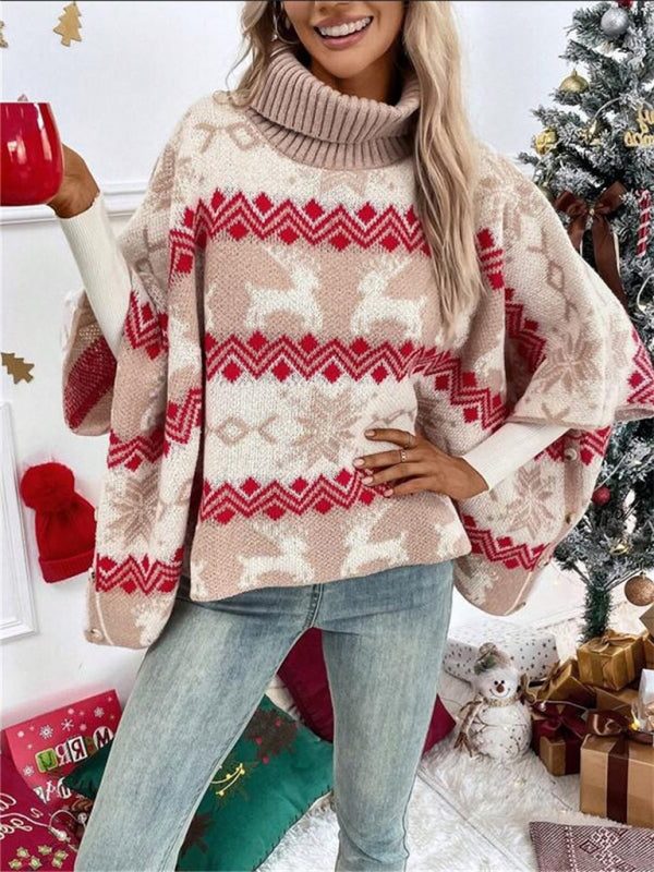 Front view of turtleneck jumper with reindeer pattern and long sleeves, red