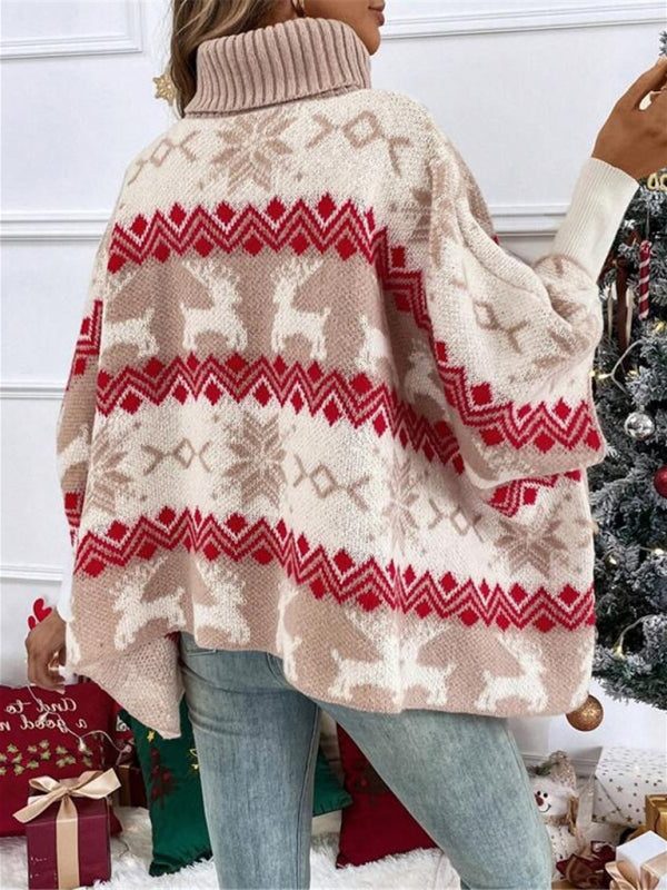 Back view of turtleneck with reindeer pattern across the back