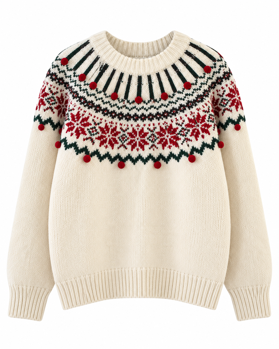 Flat lay view of crew neckline, jacquard yoke with pom-poms, long sleeves and ribbed hem, ivory