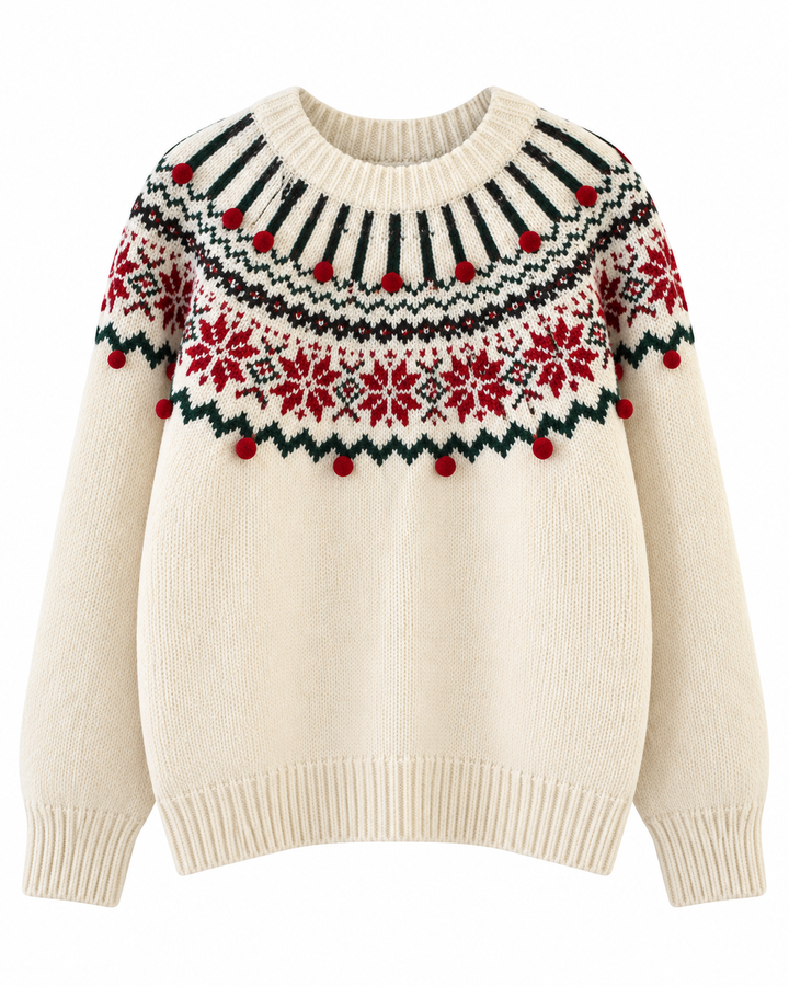 Flat lay view of crew neckline, jacquard yoke with pom-poms, long sleeves and ribbed hem, ivory