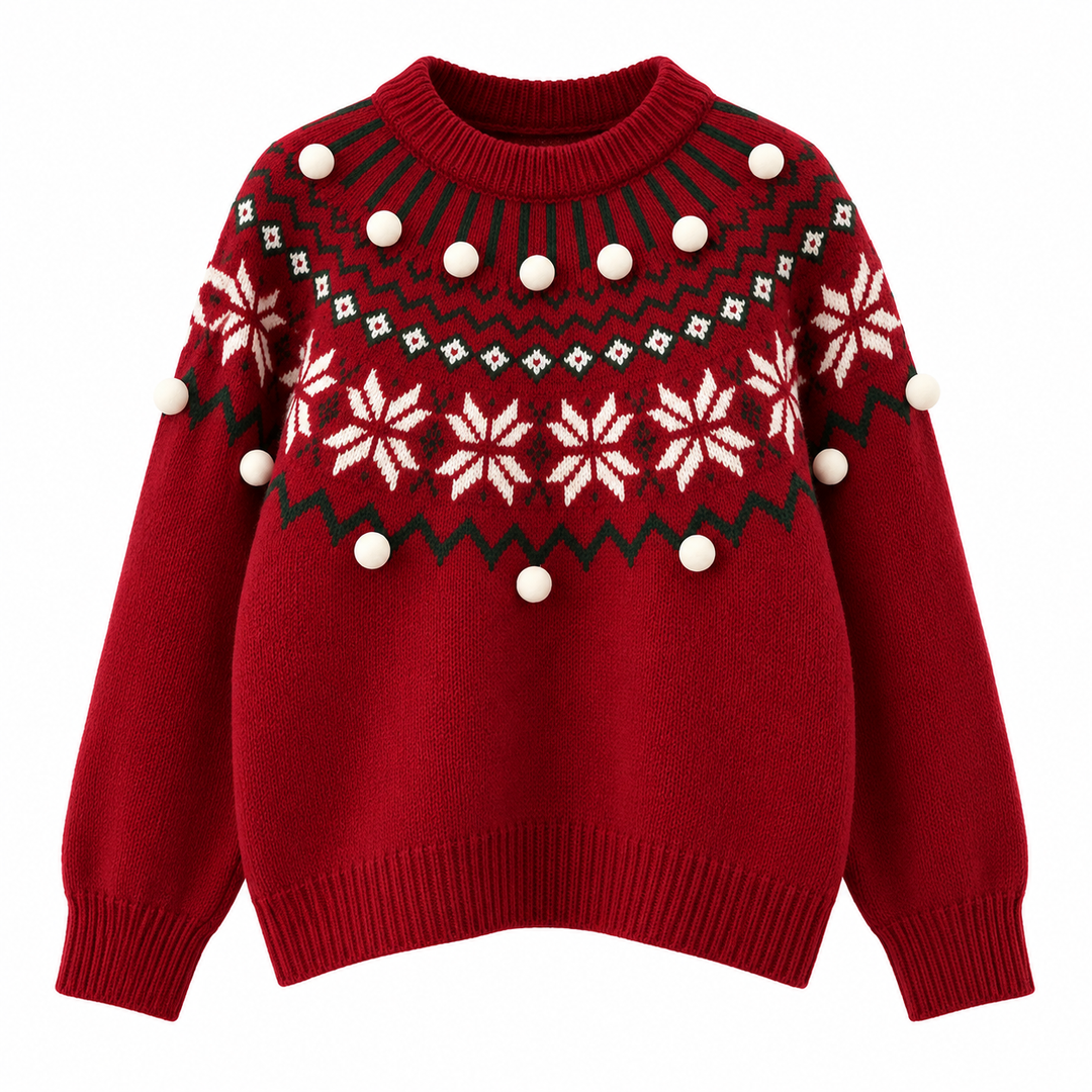 Flat lay view of crew neckline, jacquard yoke with pom-poms, long sleeves and ribbed hem, red