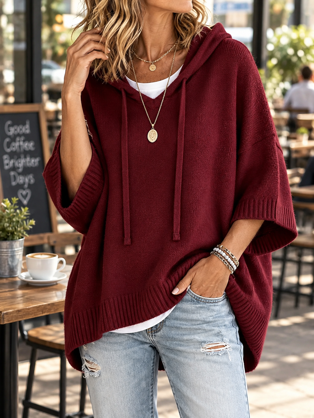 Women’s Oversized Hoodie with Drawstring Detail and Ribbed Trim
