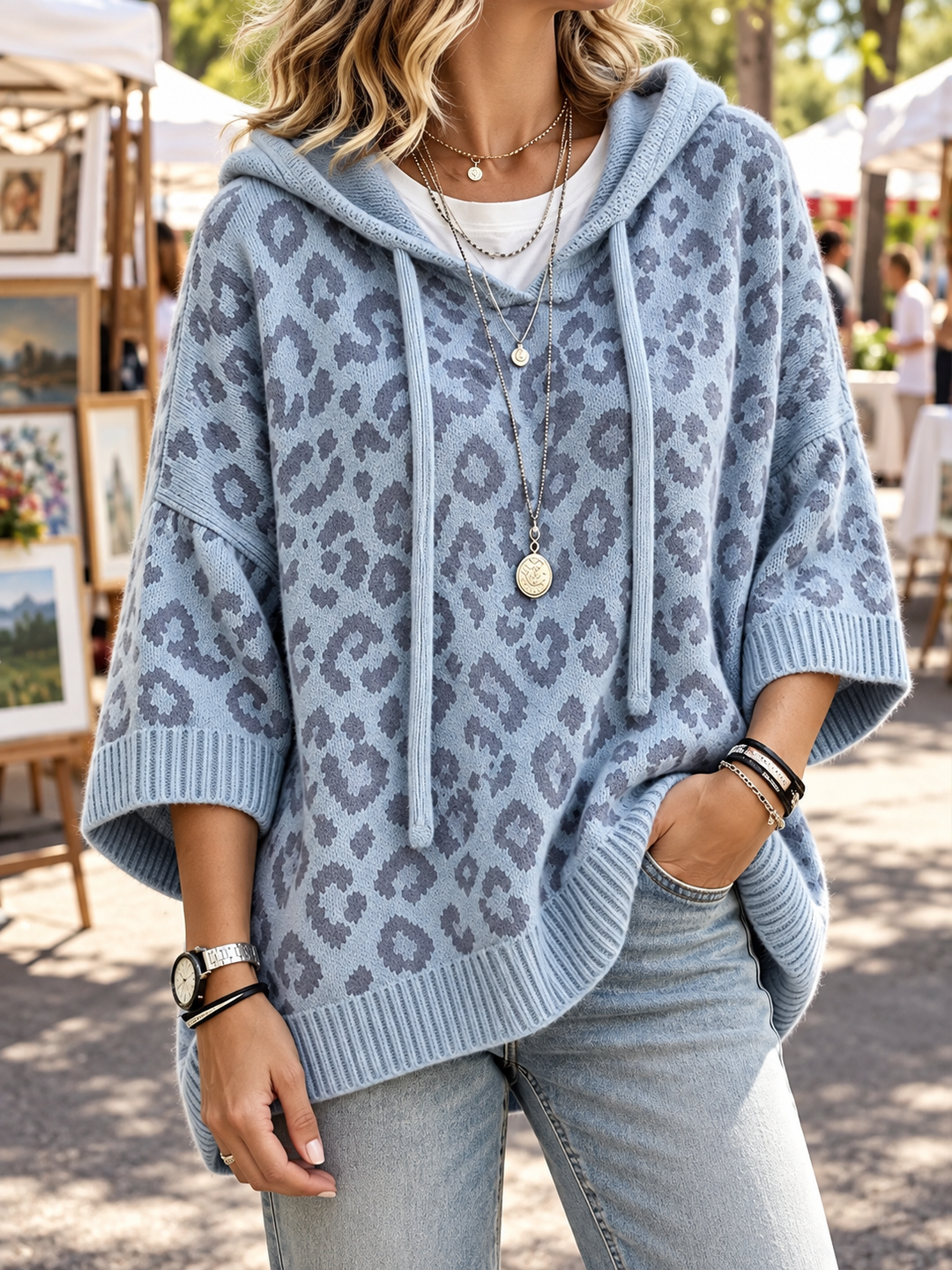 Women’s Oversized Hoodie with Leopard Pattern and Drawstring Detail
