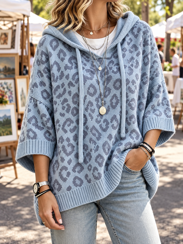 Women’s Oversized Hoodie with Leopard Pattern and Drawstring Detail