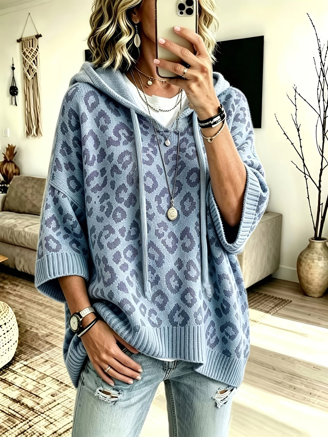 Women’s Oversized Hoodie with Leopard Pattern and Drawstring Detail