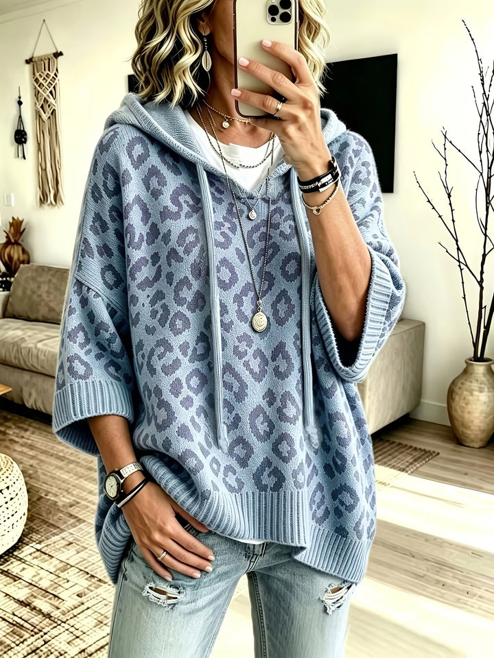 Women’s Oversized Hoodie with Leopard Pattern and Drawstring Detail