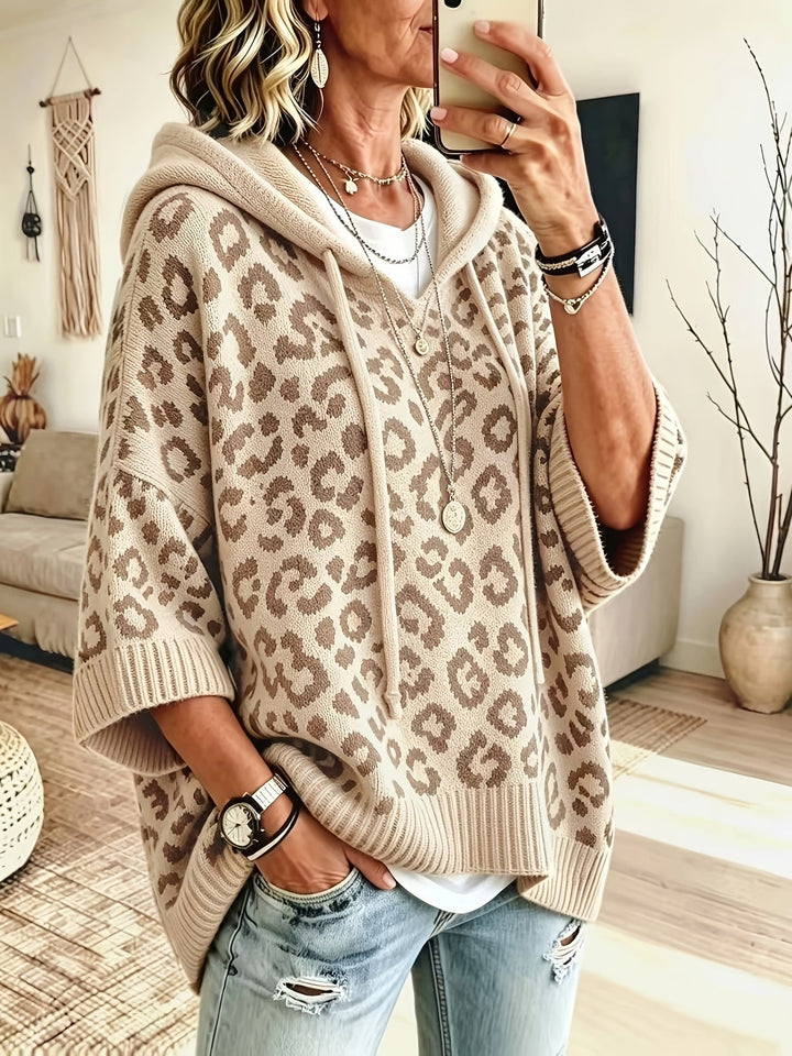 Women’s Oversized Hoodie with Leopard Pattern and Drawstring Detail