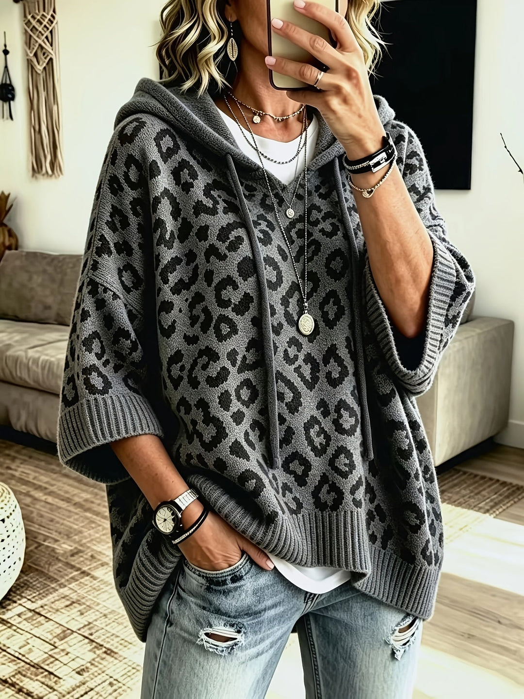 Women’s Oversized Hoodie with Leopard Pattern and Drawstring Detail