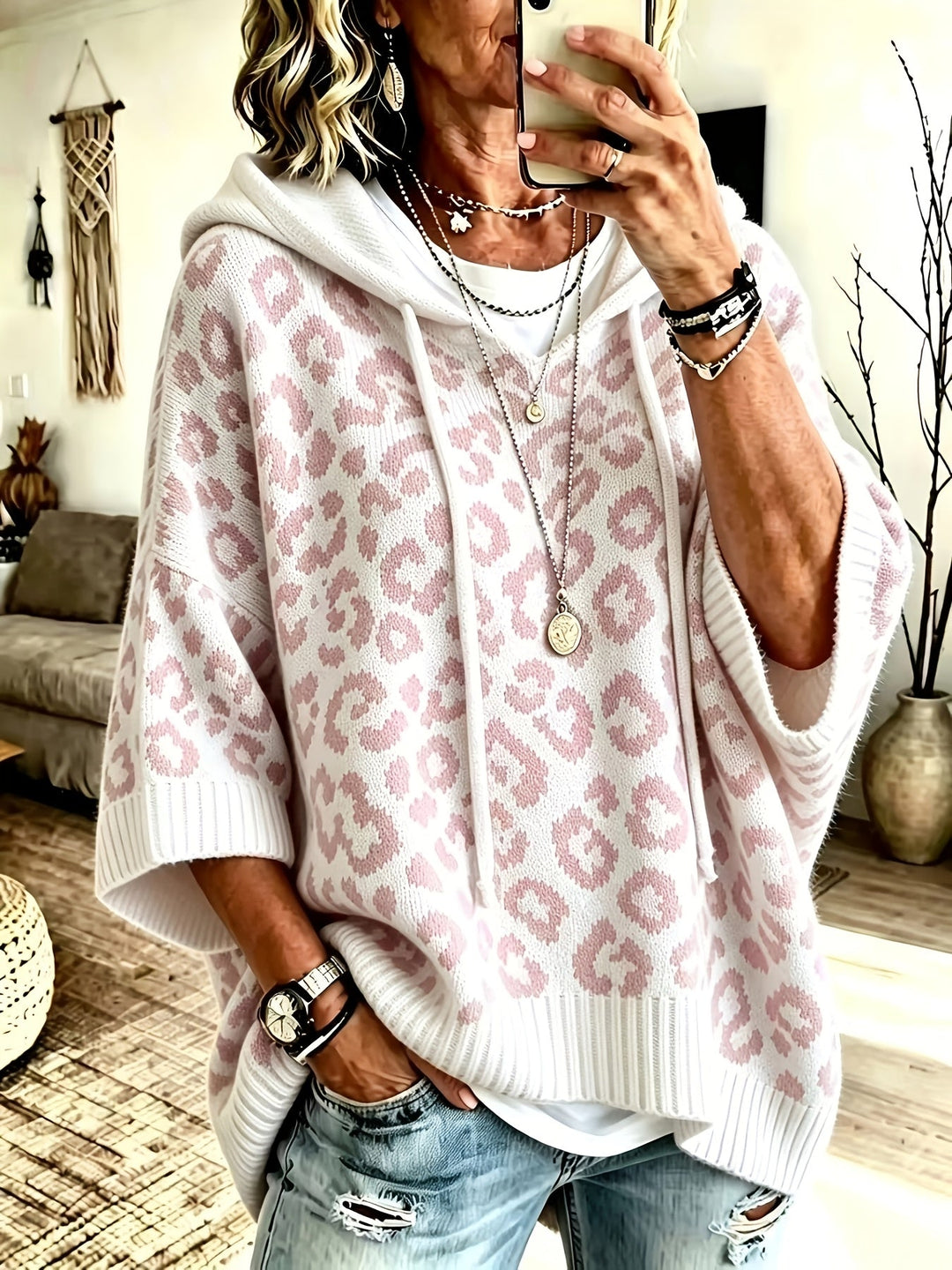 Women’s Oversized Hoodie with Leopard Pattern and Drawstring Detail