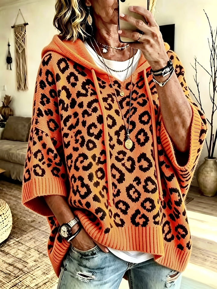 Women’s Oversized Hoodie with Leopard Pattern and Drawstring Detail