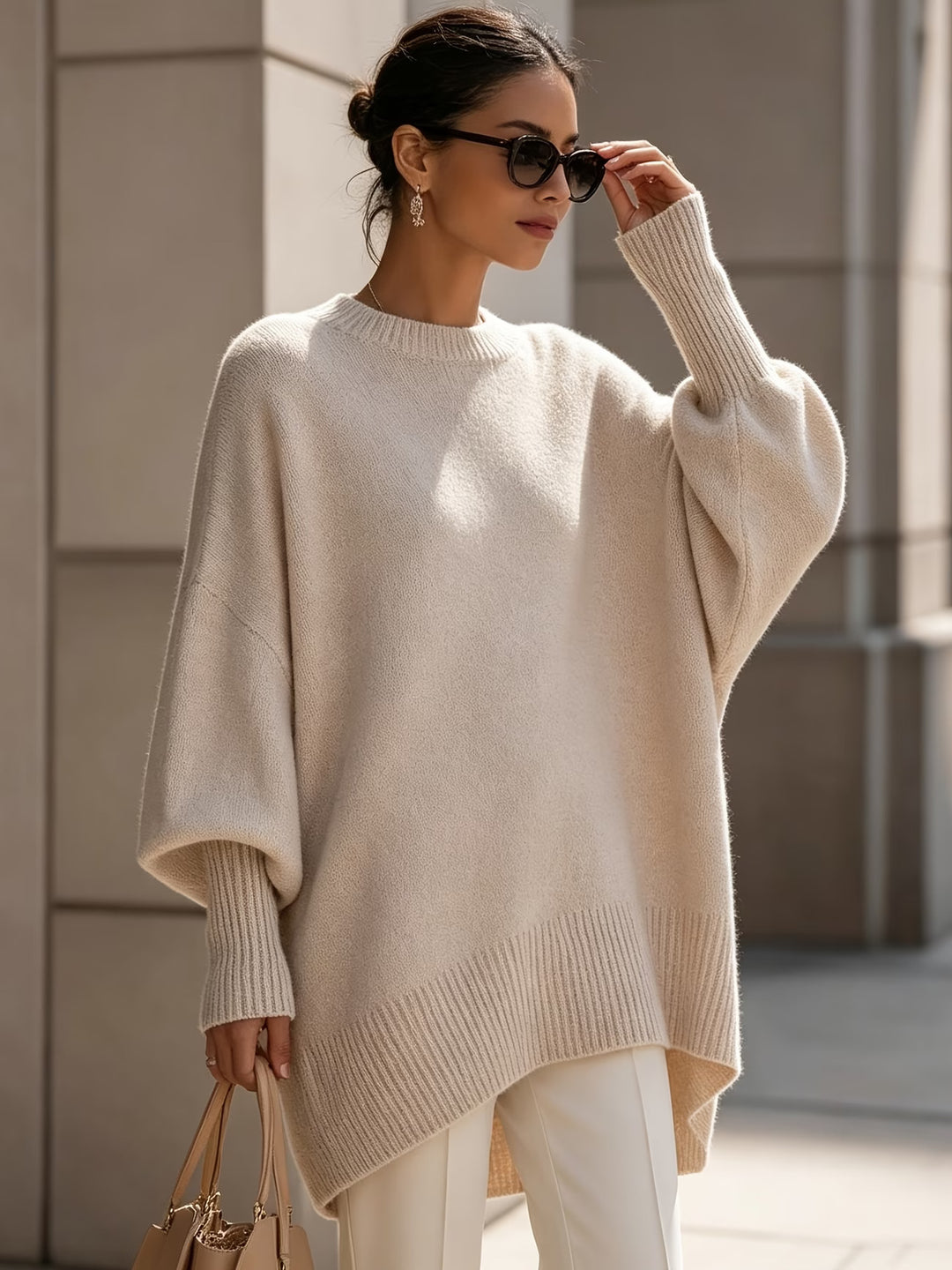 Women’s Oversized Jumper with Round Neckline and Long Ribbed Cuffs