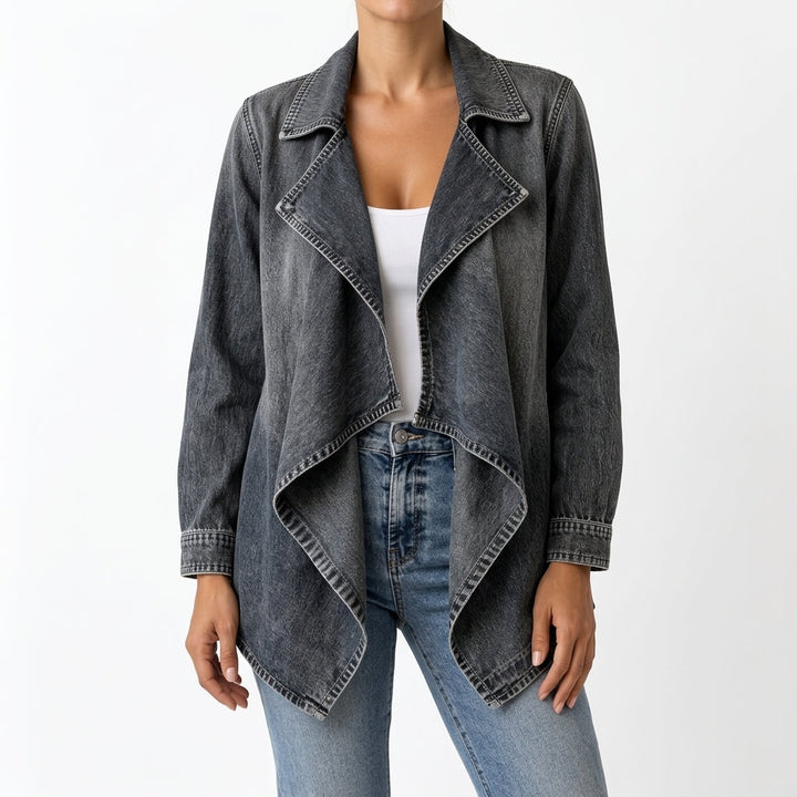 Front view of flat collar and draped waterfall front with pointed hem, washed black
