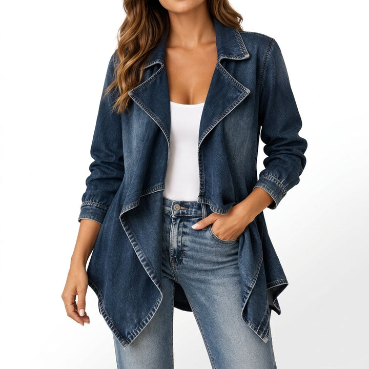 Front view of collar, waterfall front and pointed hem, dark wash