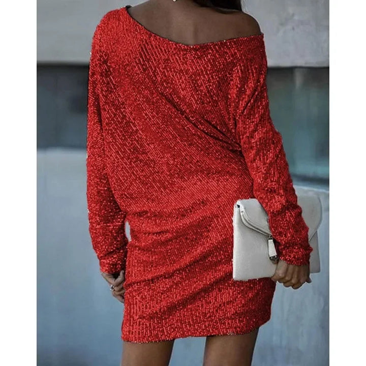 Back view with boat neckline, long sleeves and above-knee hem
