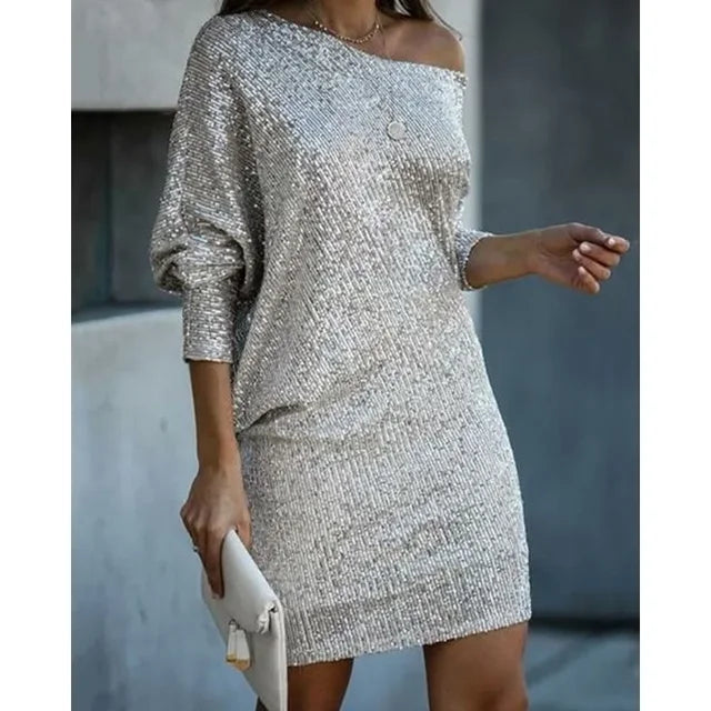 Front view with boat neckline, long sleeves and above-knee hem, silver