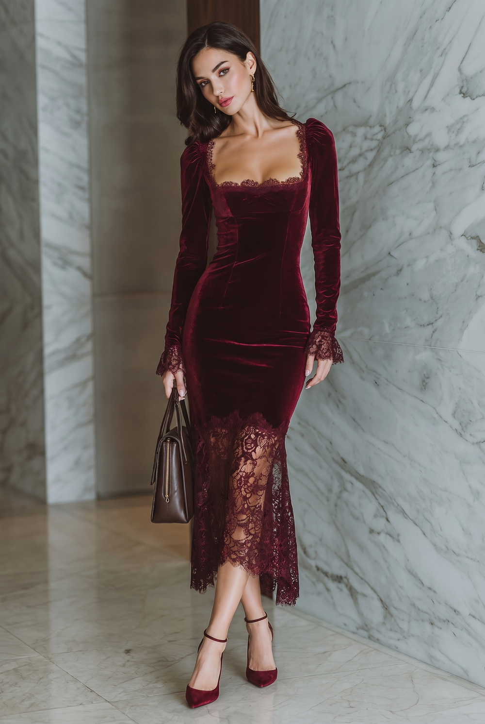 Front view showing square neckline, long sleeves with ruffle cuffs and lace hem, burgundy