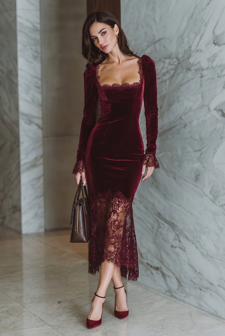 Front view showing square neckline, long sleeves with ruffle cuffs and lace hem, burgundy