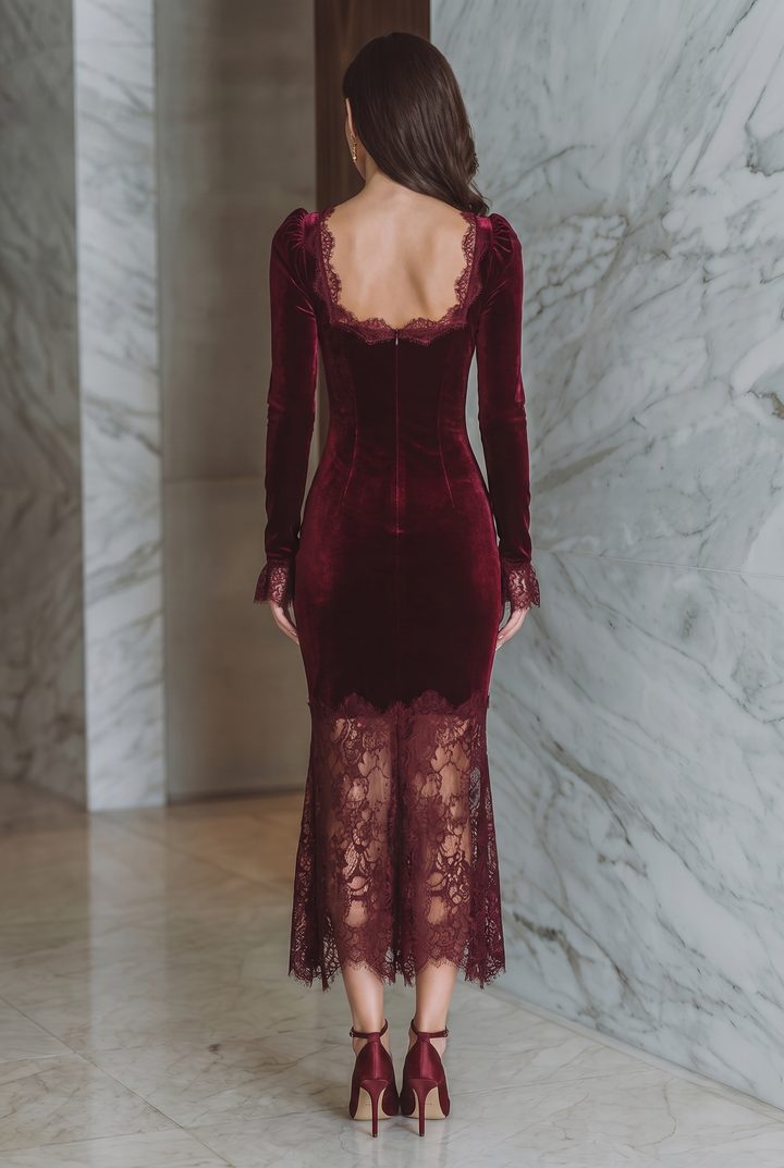 Back view showing square neckline, back zip and lace skirt panel