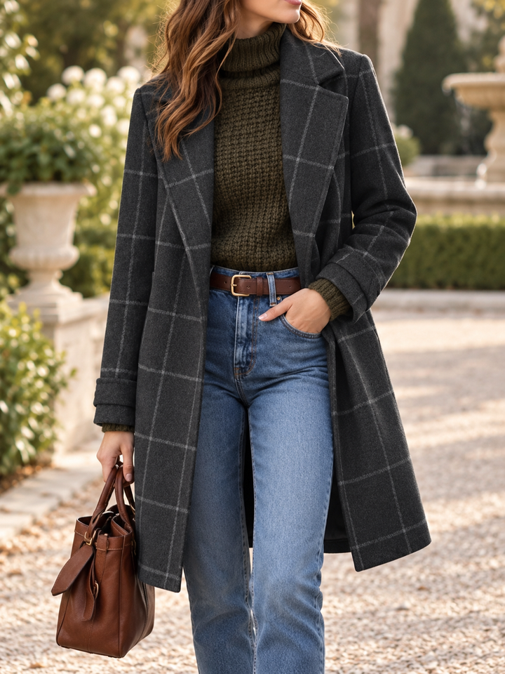 Women’s Plaid Coat with Notched Collar and Front Pockets