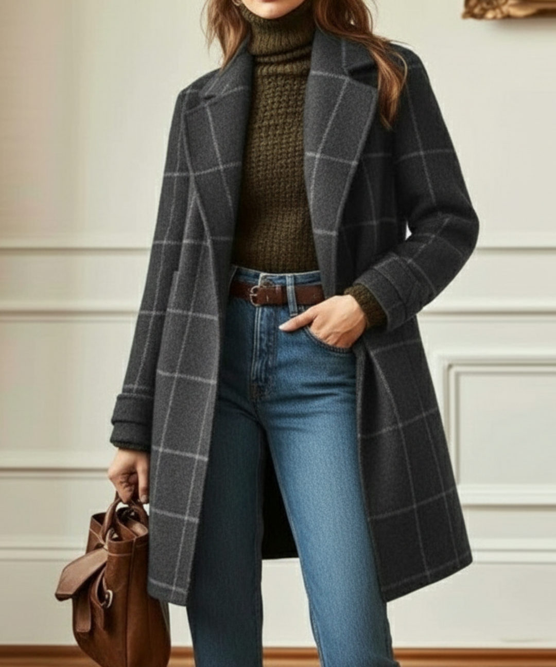 Women’s Plaid Coat with Notched Collar and Front Pockets