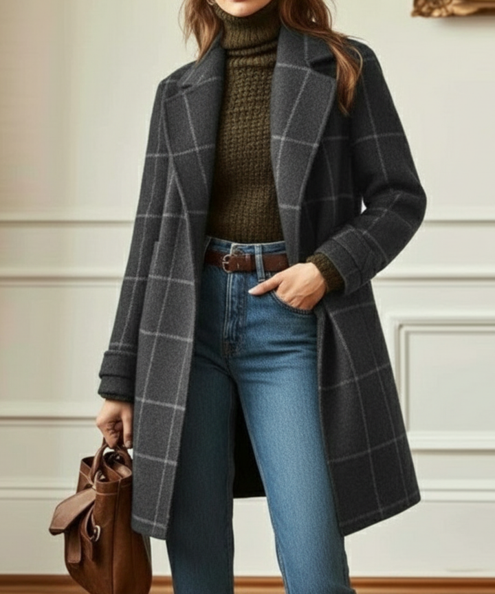 Women’s Plaid Coat with Notched Collar and Front Pockets