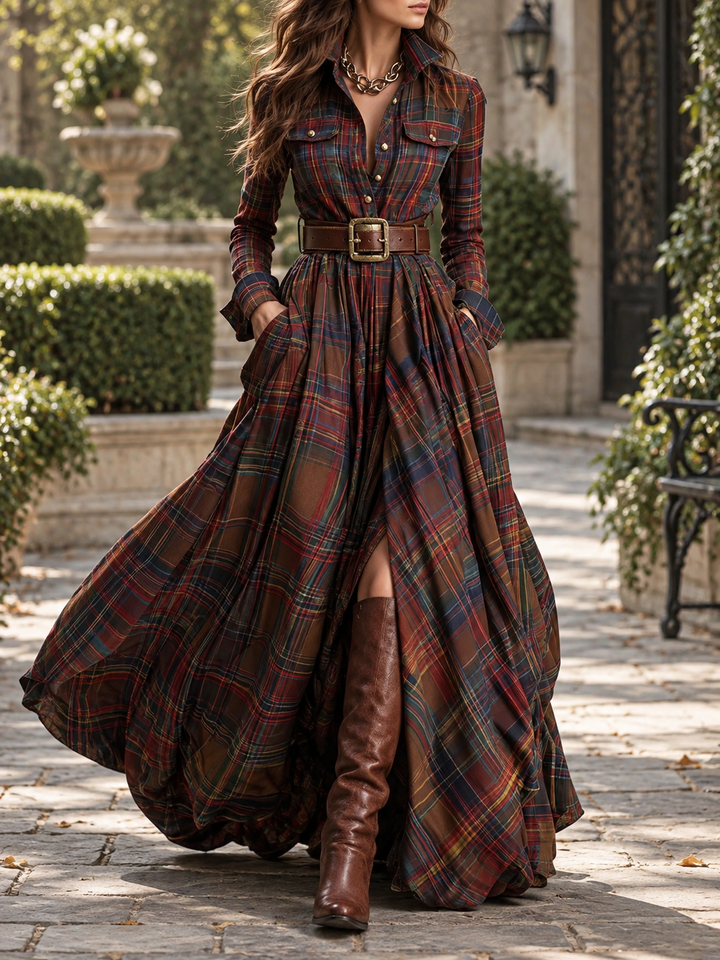 Women’s Plaid Maxi Dress with Collared Neckline and Button Front