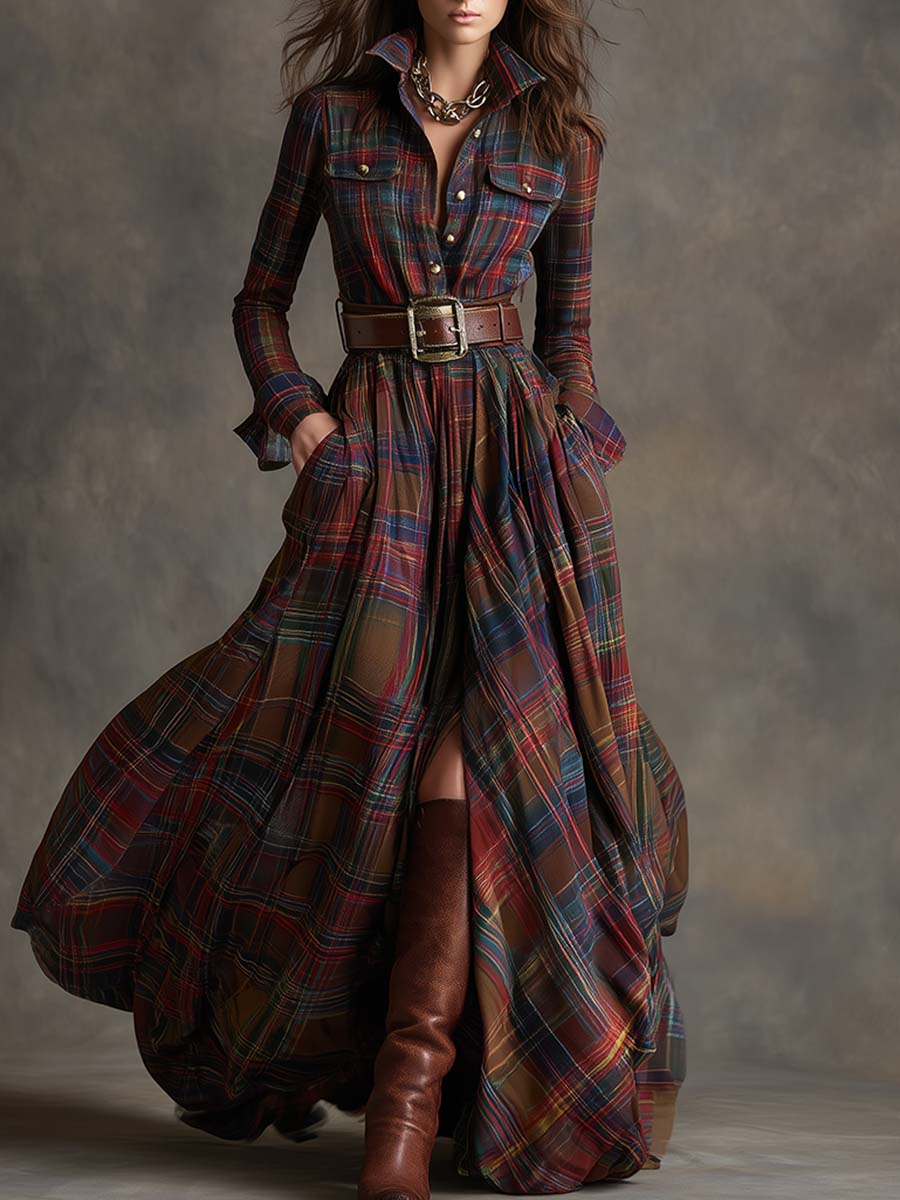 Women’s Plaid Maxi Dress with Collared Neckline and Button Front