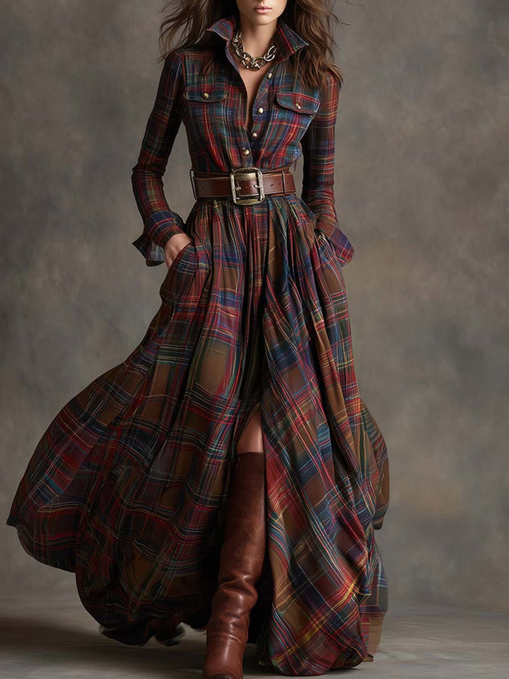 Women’s Plaid Maxi Dress with Collared Neckline and Button Front