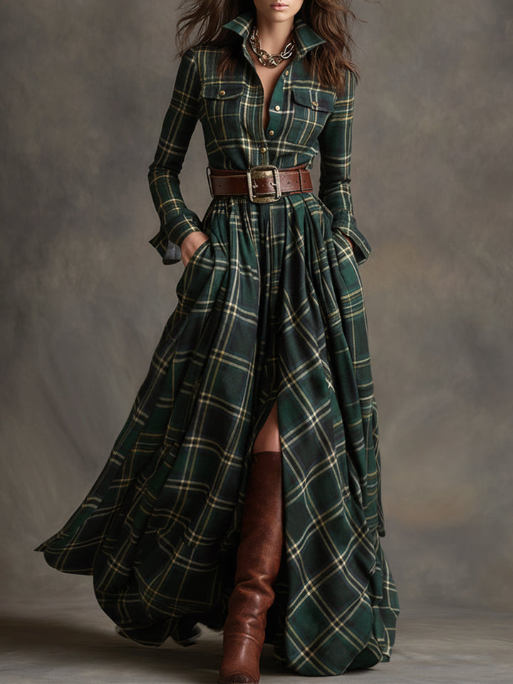 Women’s Plaid Maxi Dress with Collared Neckline and Button Front