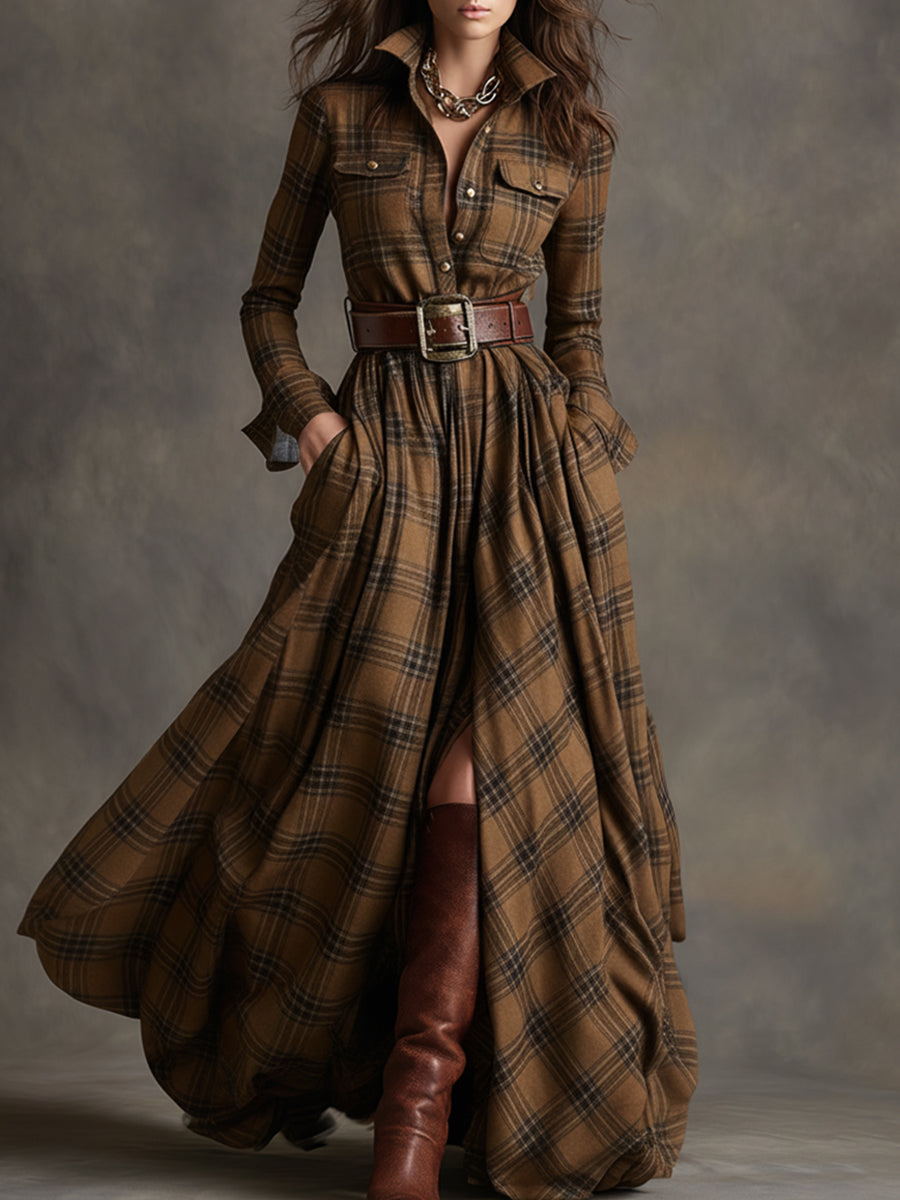 Women’s Plaid Maxi Dress with Collared Neckline and Button Front