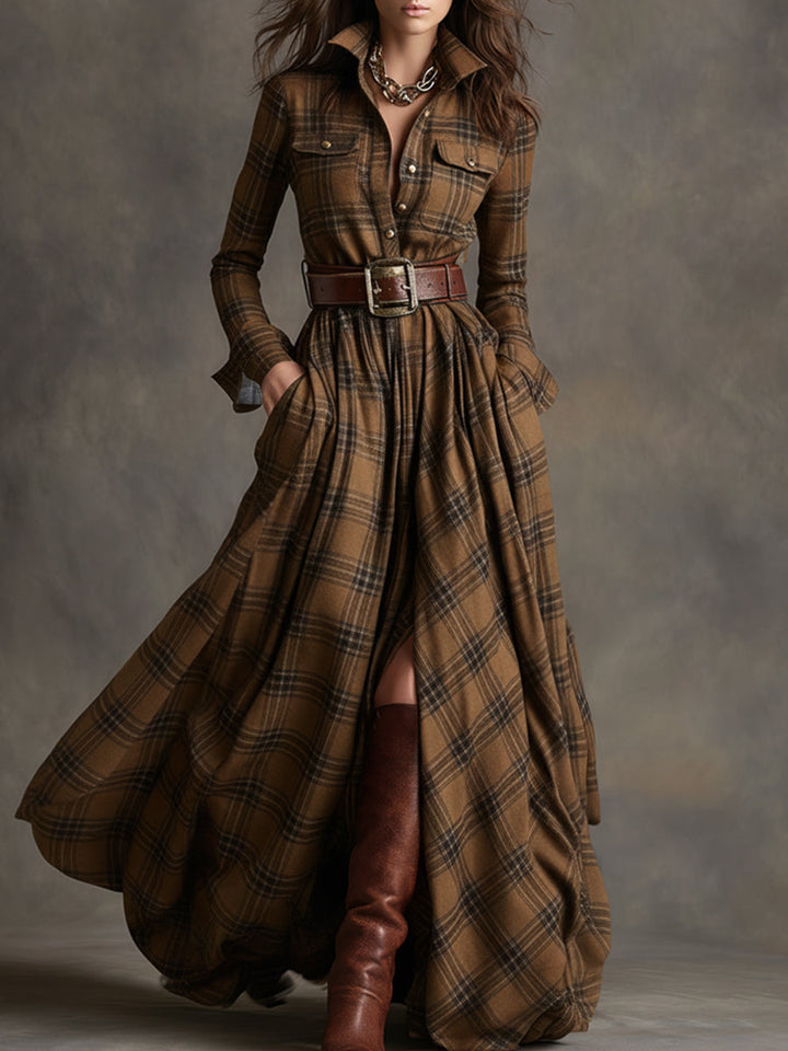 Women’s Plaid Maxi Dress with Collared Neckline and Button Front