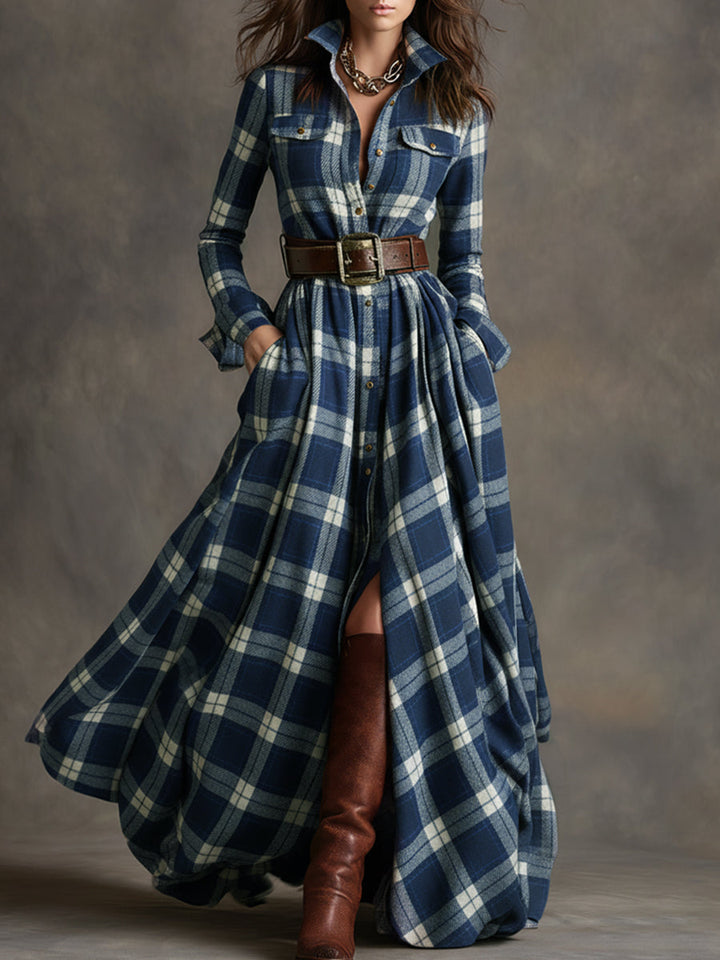 Women’s Plaid Maxi Dress with Collared Neckline and Button Front