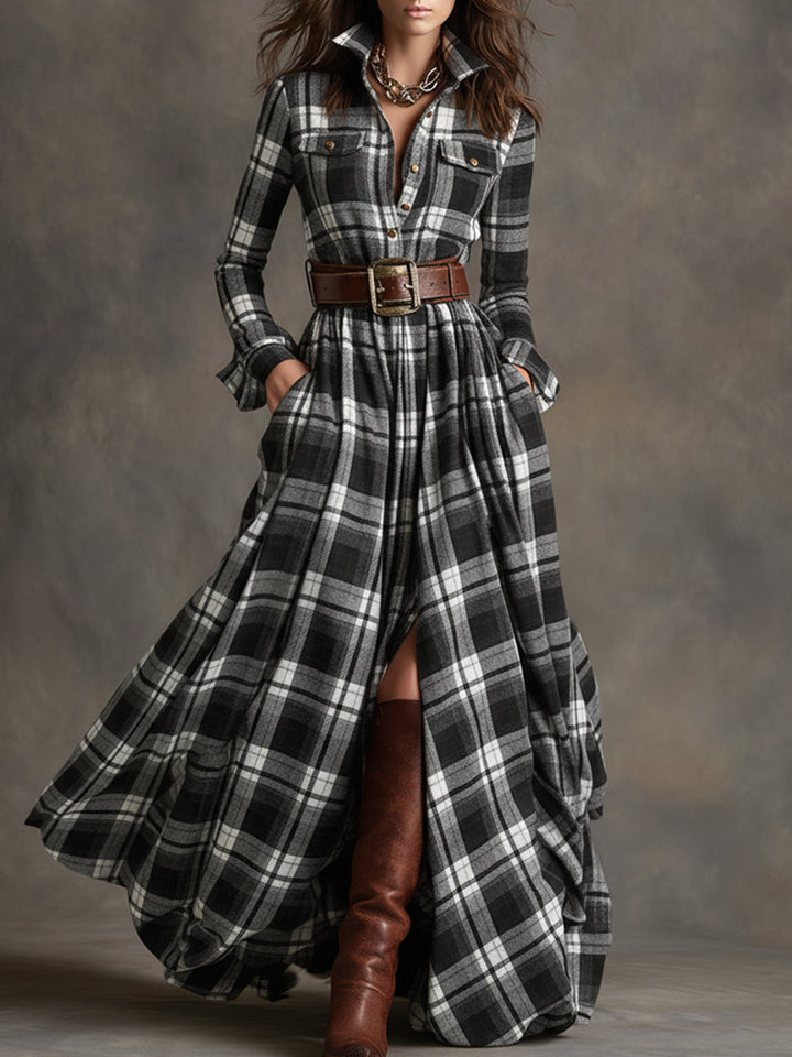 Women’s Plaid Maxi Dress with Collared Neckline and Button Front