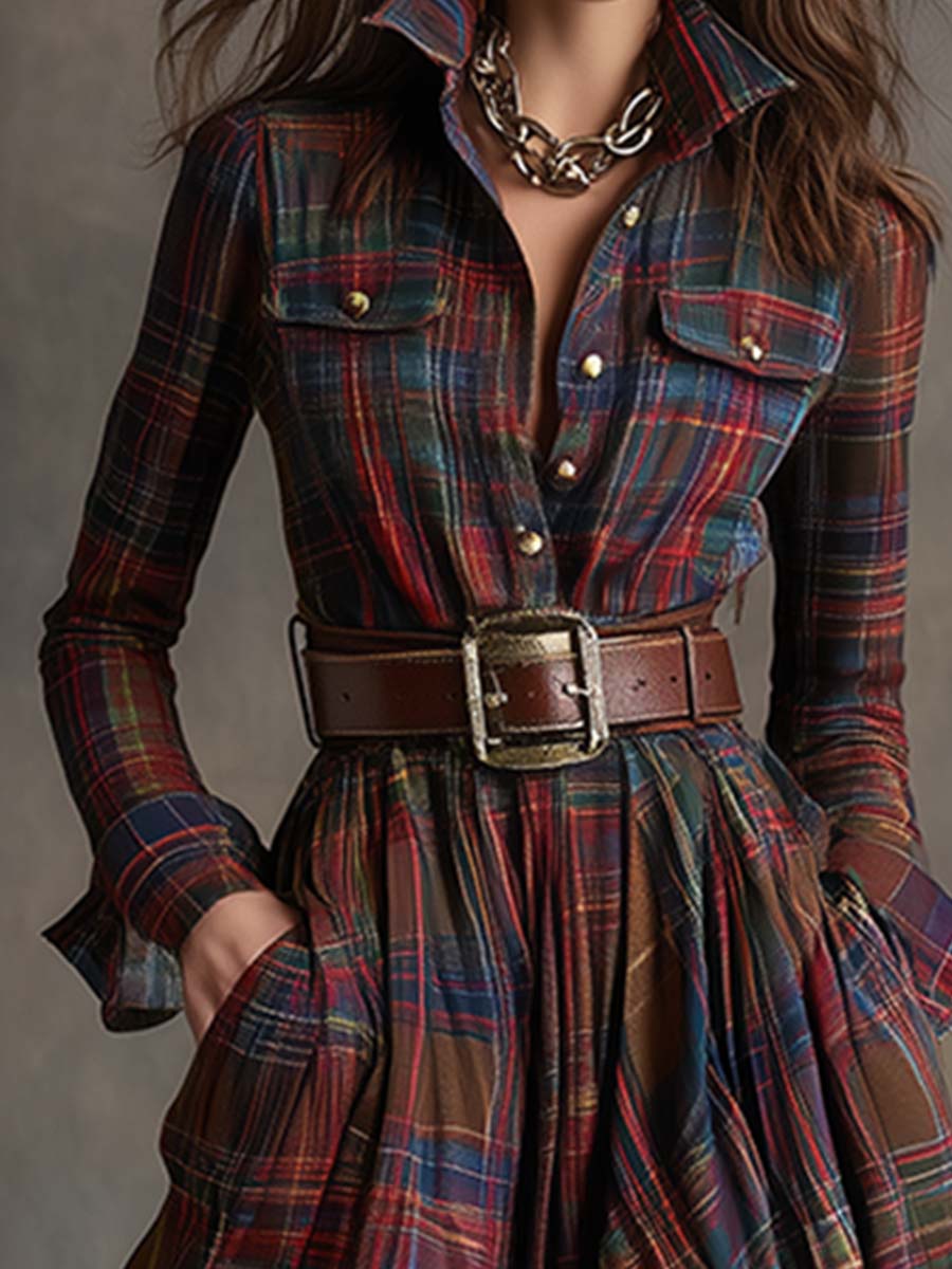 Women’s Plaid Maxi Dress with Collared Neckline and Button Front
