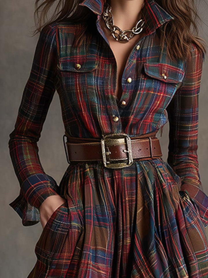 Women’s Plaid Maxi Dress with Collared Neckline and Button Front