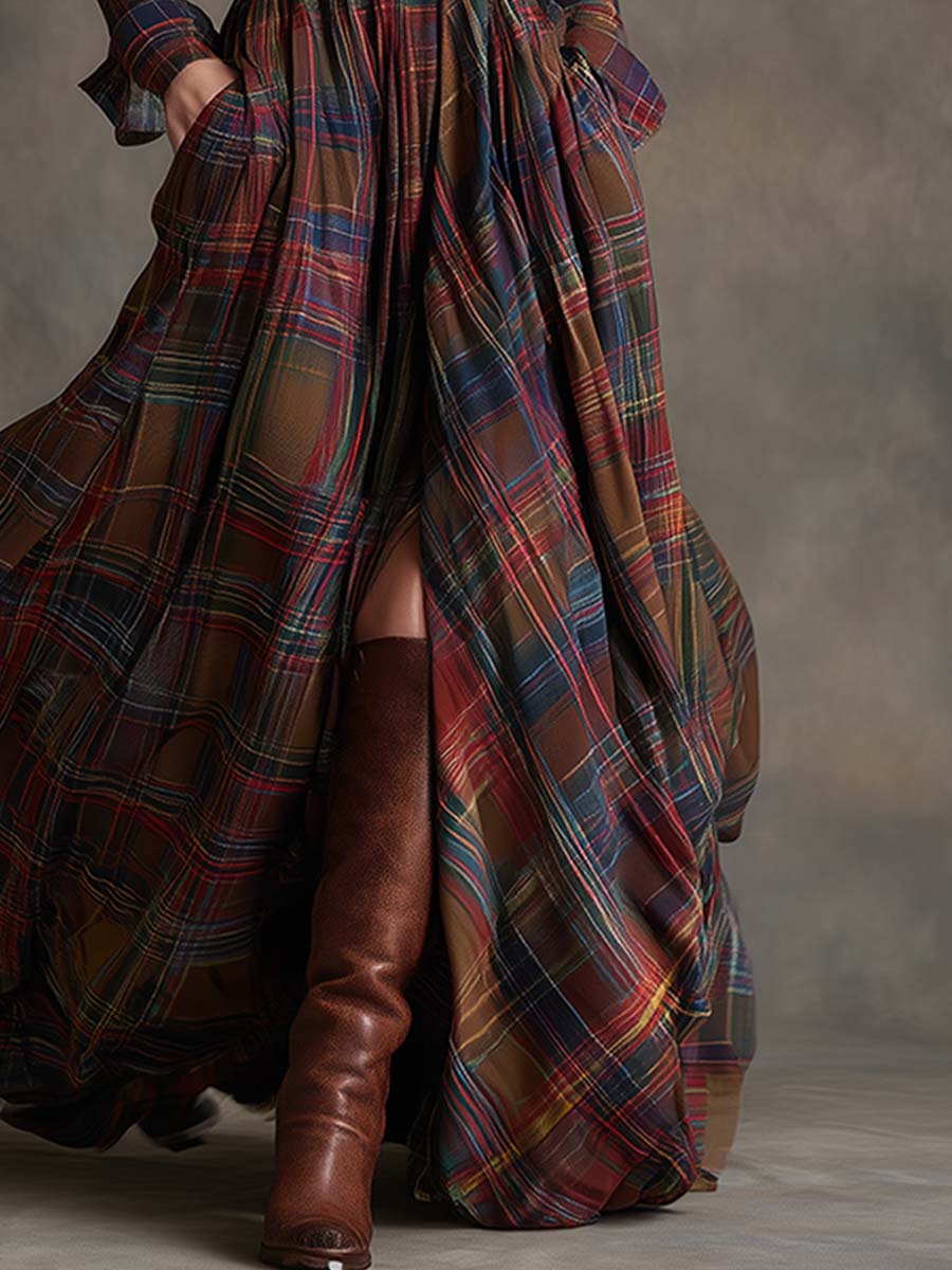 Women’s Plaid Maxi Dress with Collared Neckline and Button Front