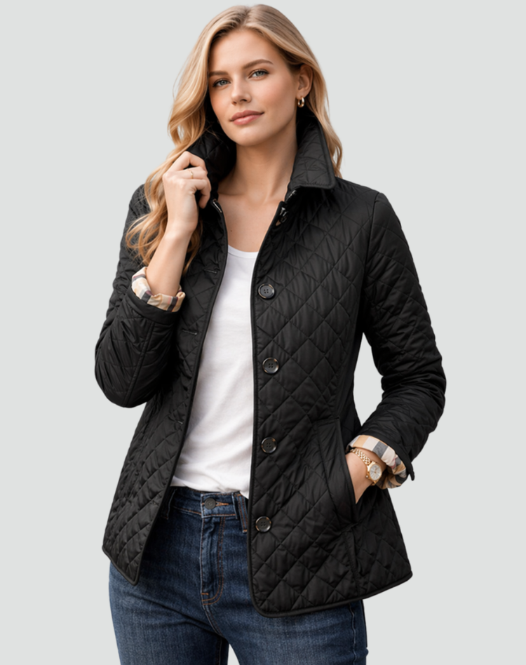 Women’s Quilted Coat with Collared Neckline and Button Front