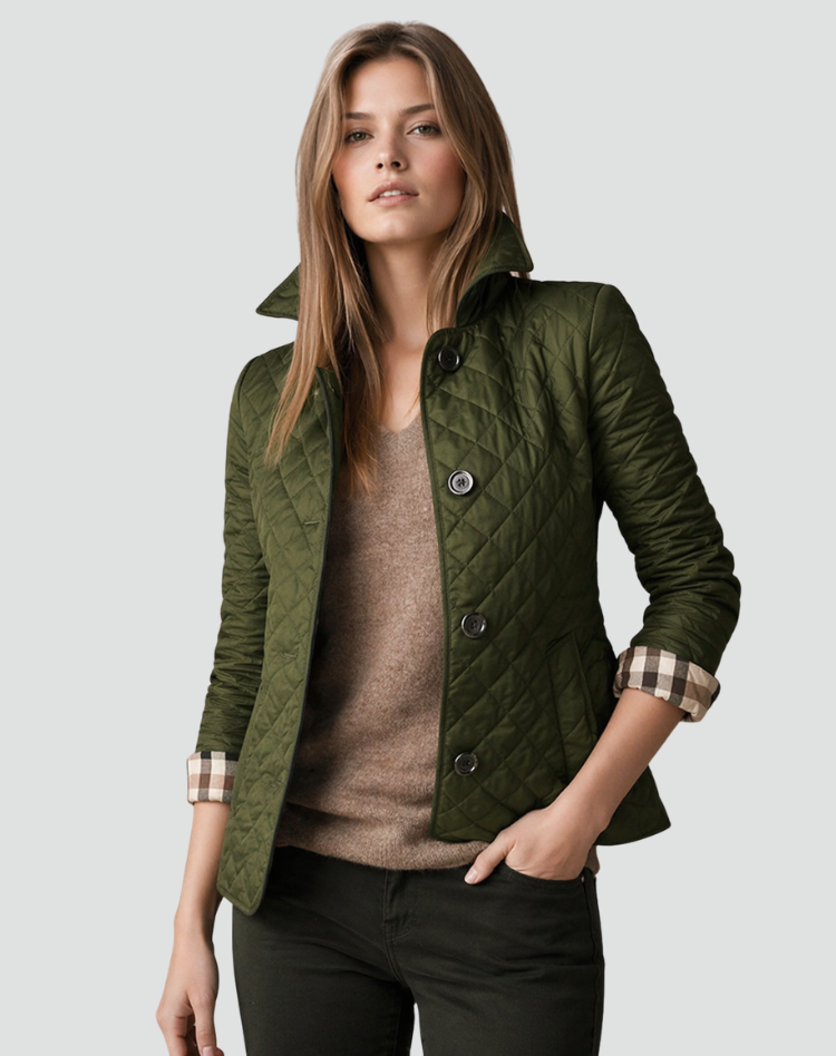 Women’s Quilted Coat with Collared Neckline and Button Front